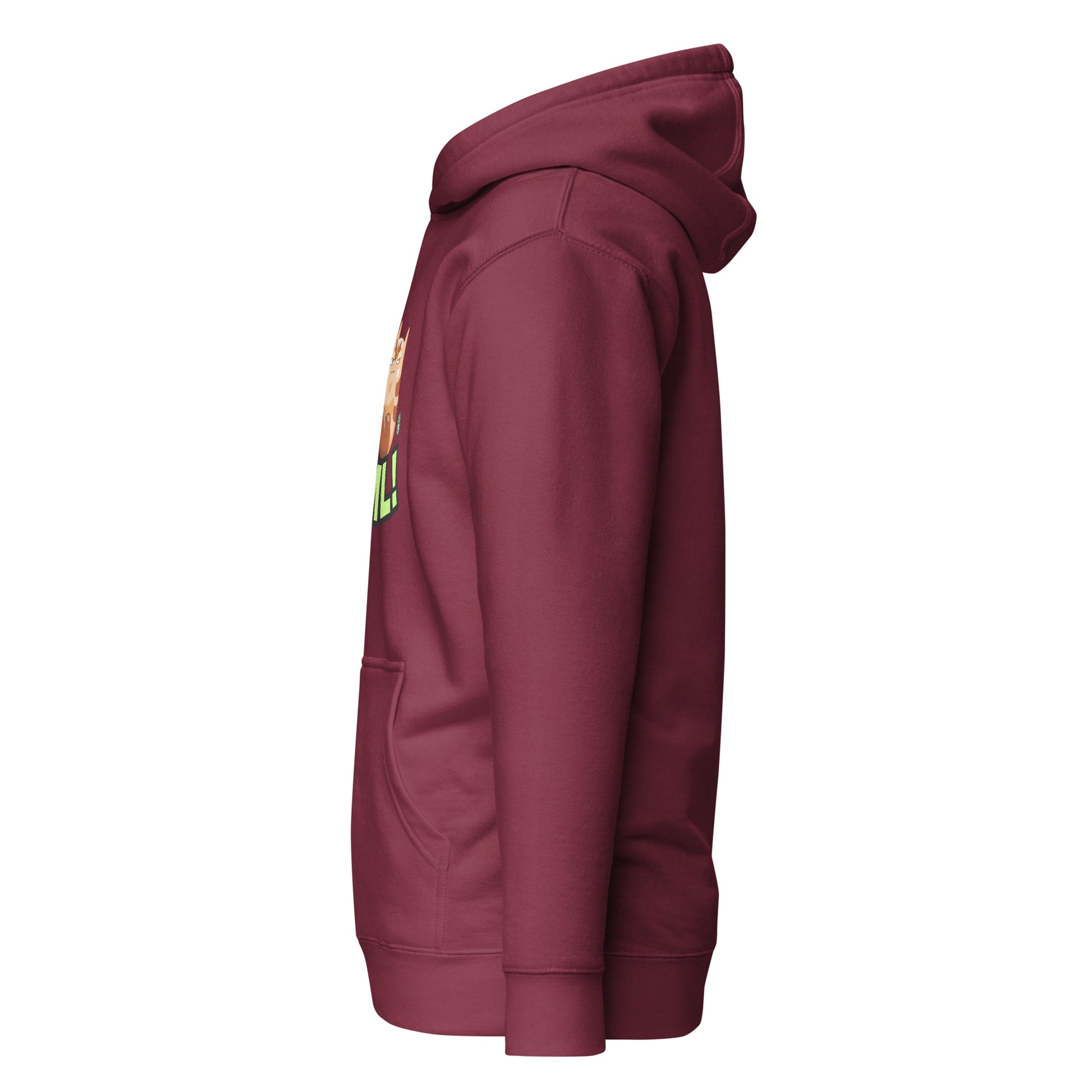 Side view of a women's maroon hoodie by Wizard Prints Shop
