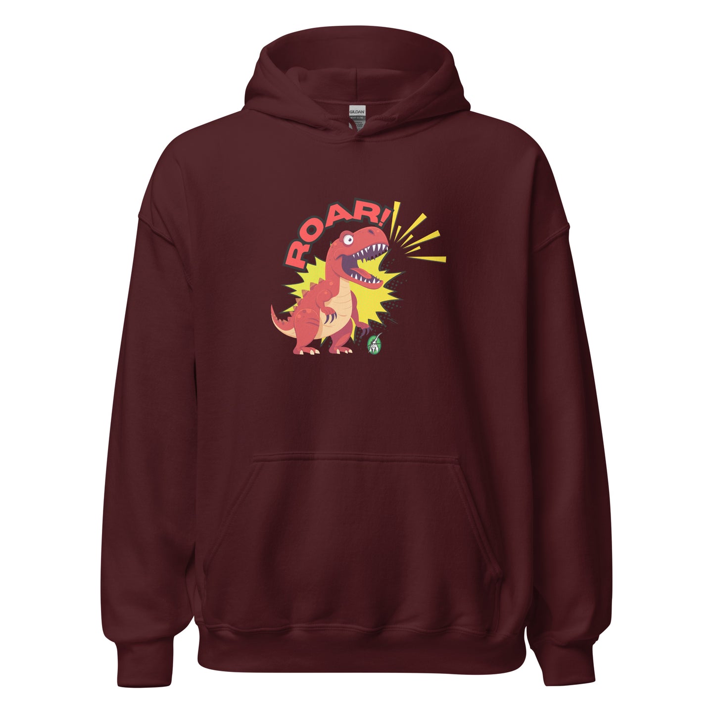 Women's maroon hoodie with a printed graphic of a red roaring cartoon dinosaur and the word Roar! Designed by Wizard Prints