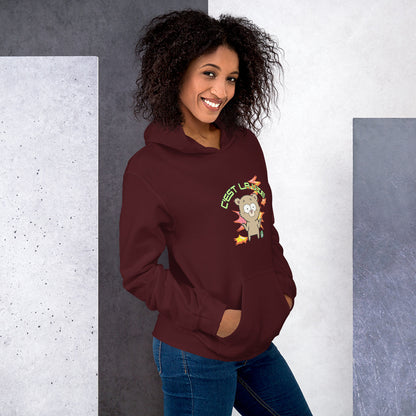 A woman standing wearing a maroon hoodie by Wizard Prints featuring a printed graphic of a shrugging cartoon bear and the words, C'est La Vie.