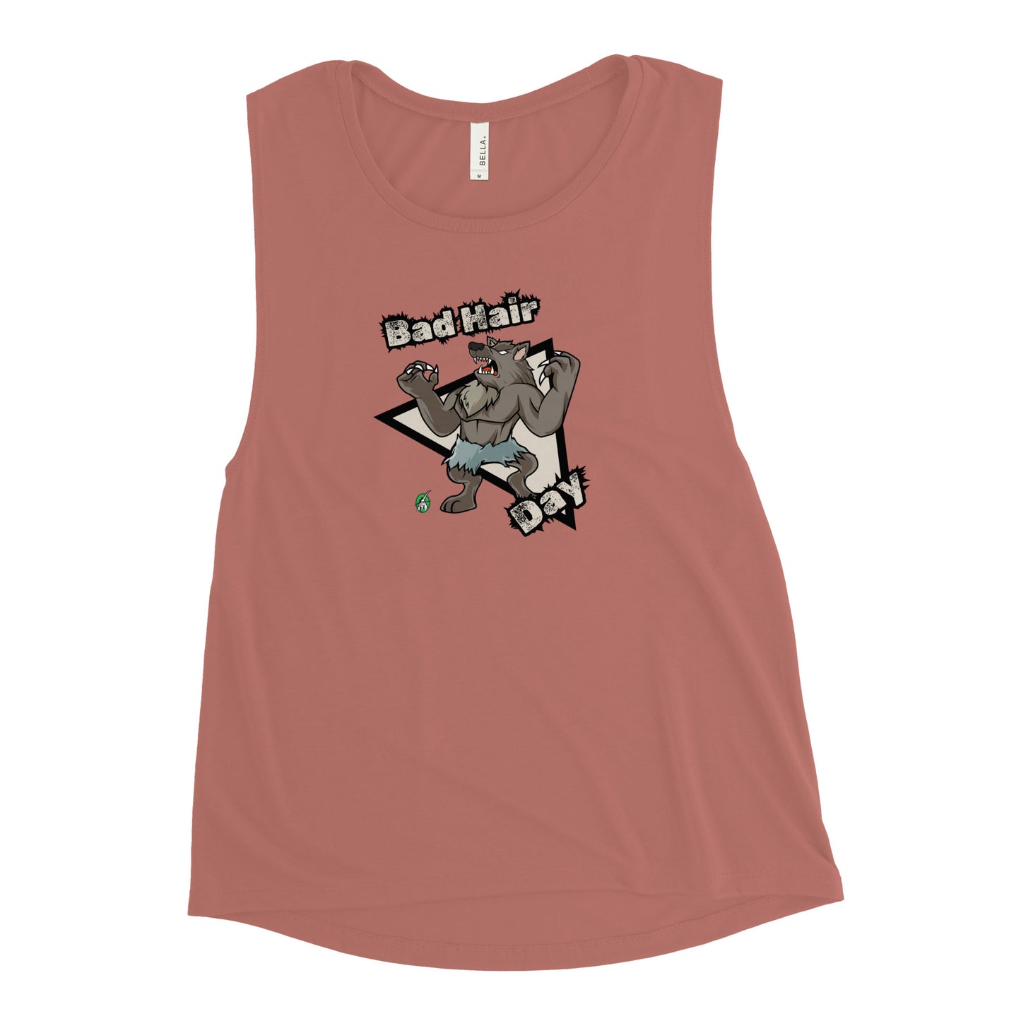 Women's mauve tank top by Wizard Prints with a printed graphic of a werewolf with the words, Bad Hair Day.