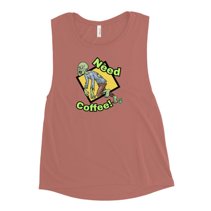 Women's mauve tank top by Wizard Prints with a printed graphic of a zombie and the words, Need Coffee!