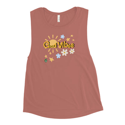 Women's mauve tank top by Wizard Prints with a printed graphic of a the sun, flowers and the stars with the words, 'Good Vibes'.