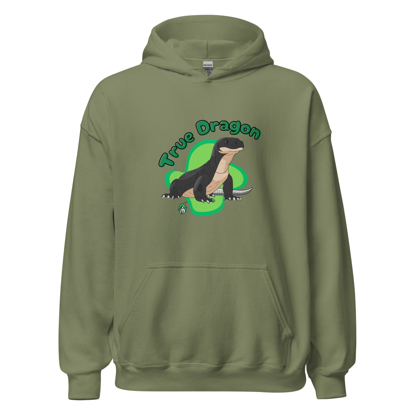 Women's military green hoodie with a printed graphic of a komodo dragon and the words, True Dragon. Designed by Wizard Prints.