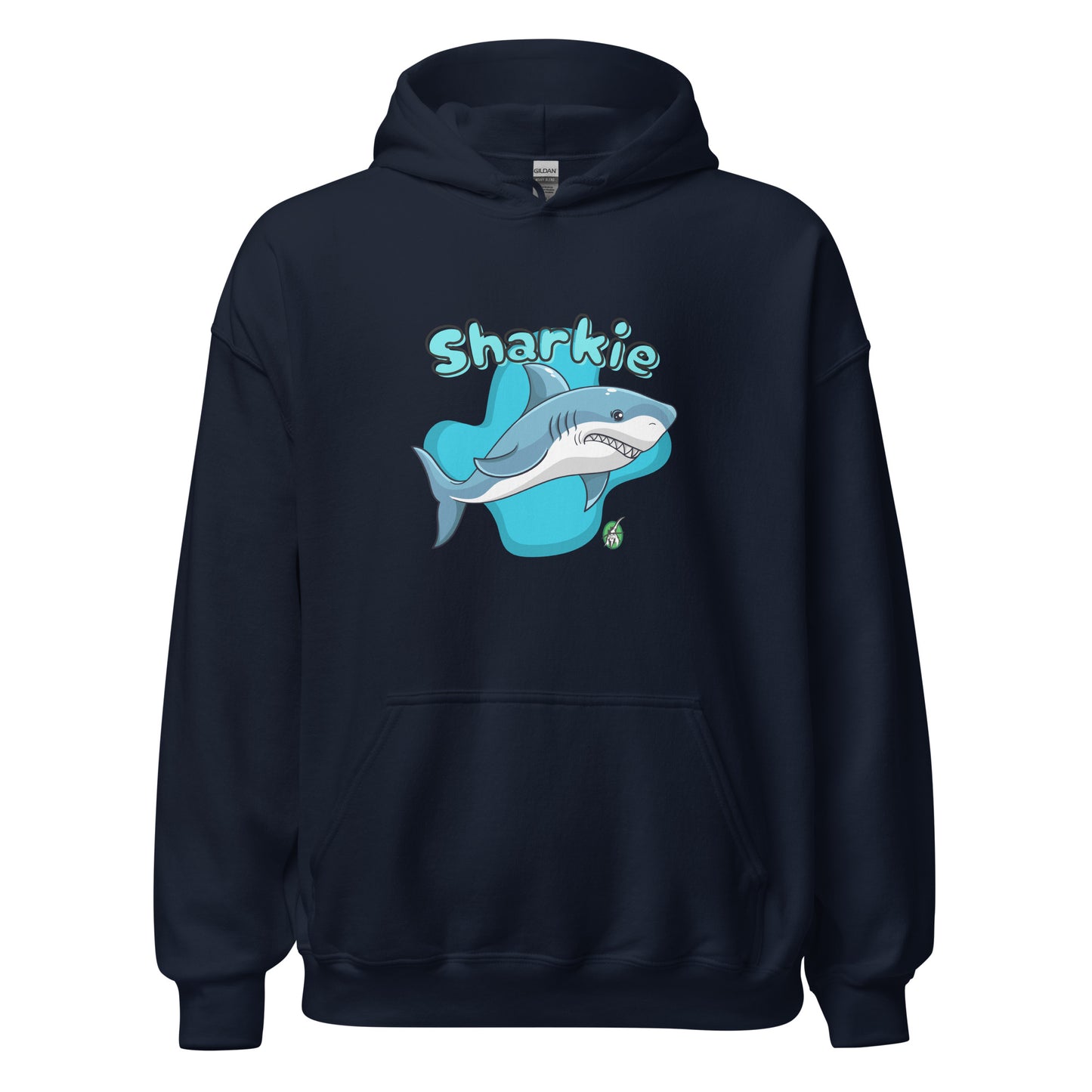 Women's navy blue hoodie with a printed graphic of a cartoon shark and the word, Sharkie. Designed by Wizard Prints.