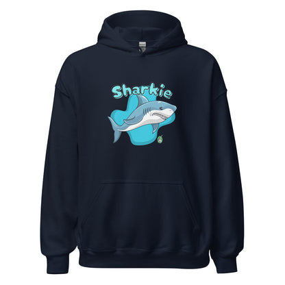 Women's navy blue hoodie with a printed graphic of a cartoon shark and the word, Sharkie. Designed by Wizard Prints.