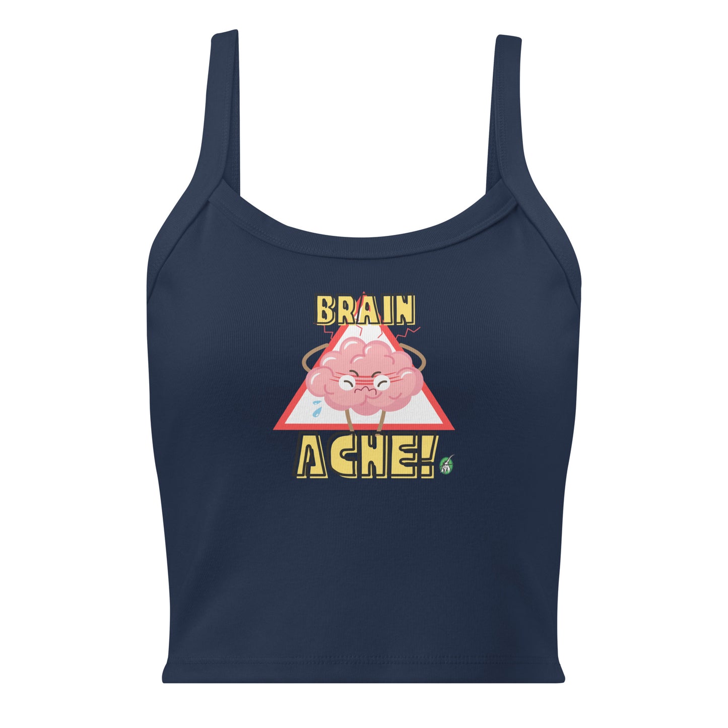 Women's navy tank top by Wizard Prints with a printed graphic of a brain and the words, Brain Ache!