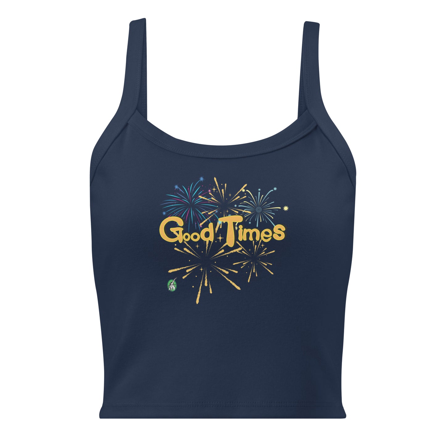 Women's navy tank top by Wizard Prints with a printed graphic of fireworks with the words, 'Good Times'.