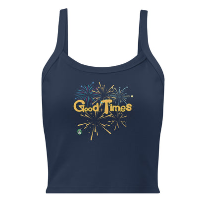 Women's navy tank top by Wizard Prints with a printed graphic of fireworks with the words, 'Good Times'.