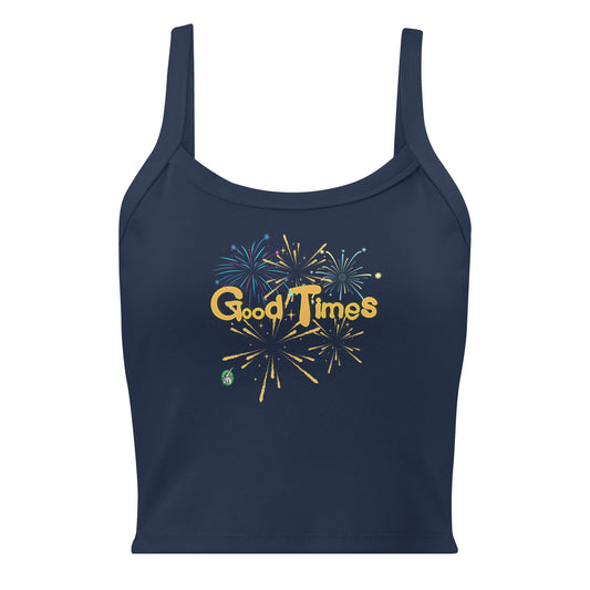 Women's navy tank top by Wizard Prints with a printed graphic of fireworks with the words, 'Good Times'.