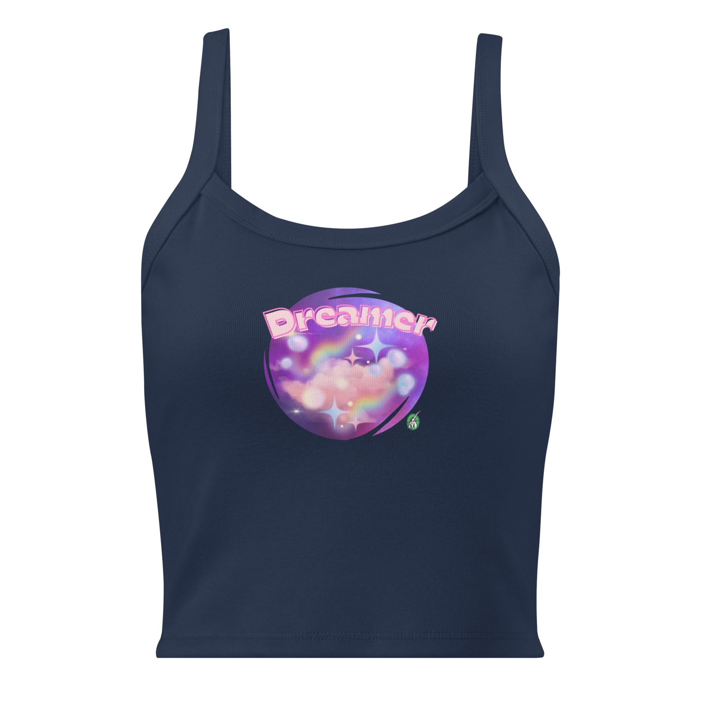 Women's navy tank top by Wizard Prints with a printed graphic of a galaxy background and the word Dreamer on top.