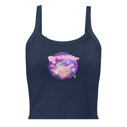 Women's navy tank top by Wizard Prints with a printed graphic of a galaxy background and the word Dreamer on top.