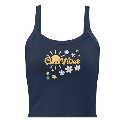 Women's navy tank top by Wizard Prints with a printed graphic of the sun, stars, flowers and the words, 'Good Vibes'.