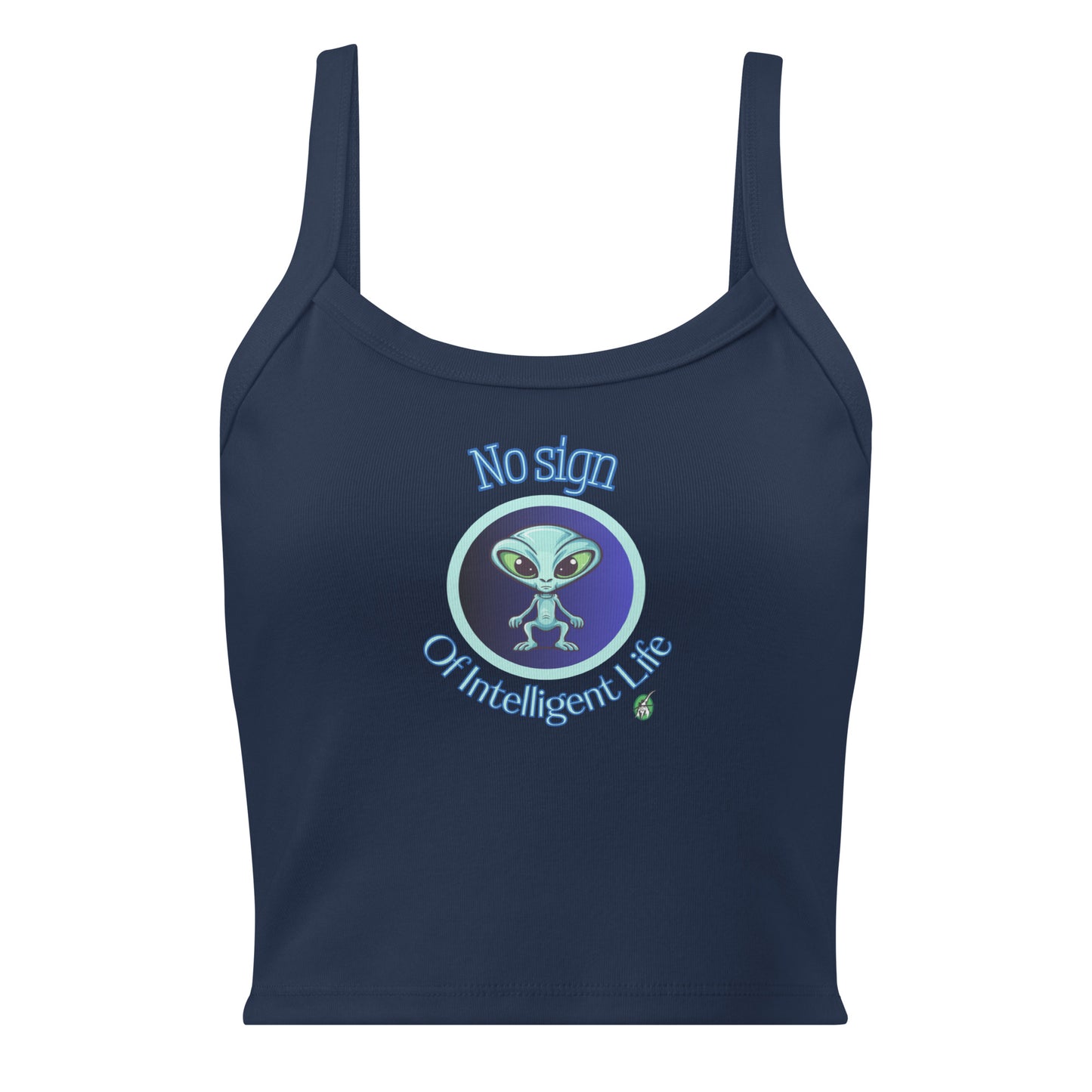 Women's navy tank top by Wizard Prints with a printed graphic of a blue alien and the words No Sign of Intelligent Life.