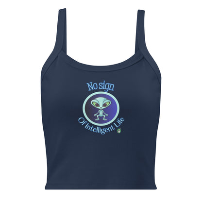 Women's navy tank top by Wizard Prints with a printed graphic of a blue alien and the words No Sign of Intelligent Life.