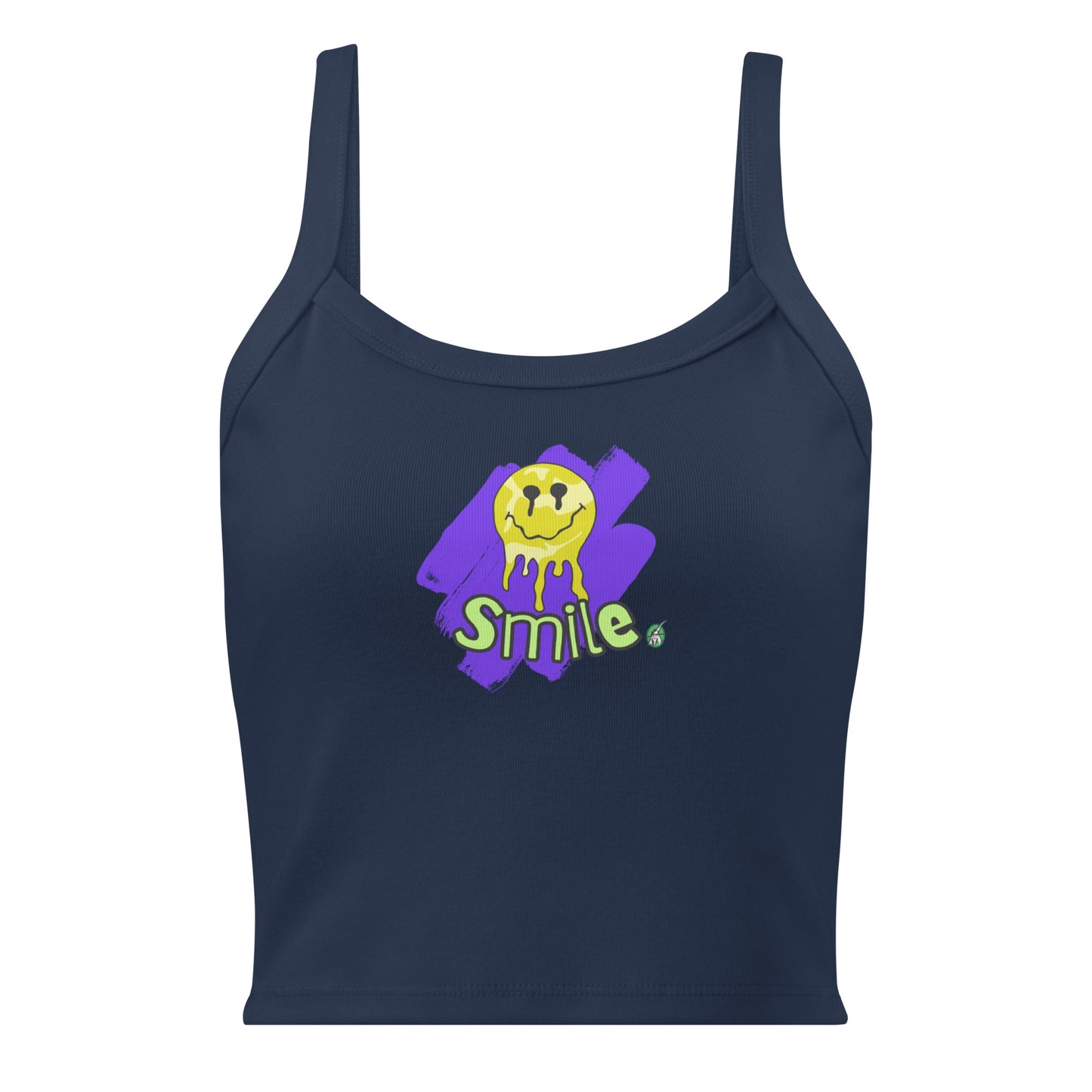Women's navy tank top by Wizard Prints with the printed graphic of a melting smiley face and the word, Smile.