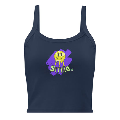 Women's navy tank top by Wizard Prints with the printed graphic of a melting smiley face and the word, Smile.