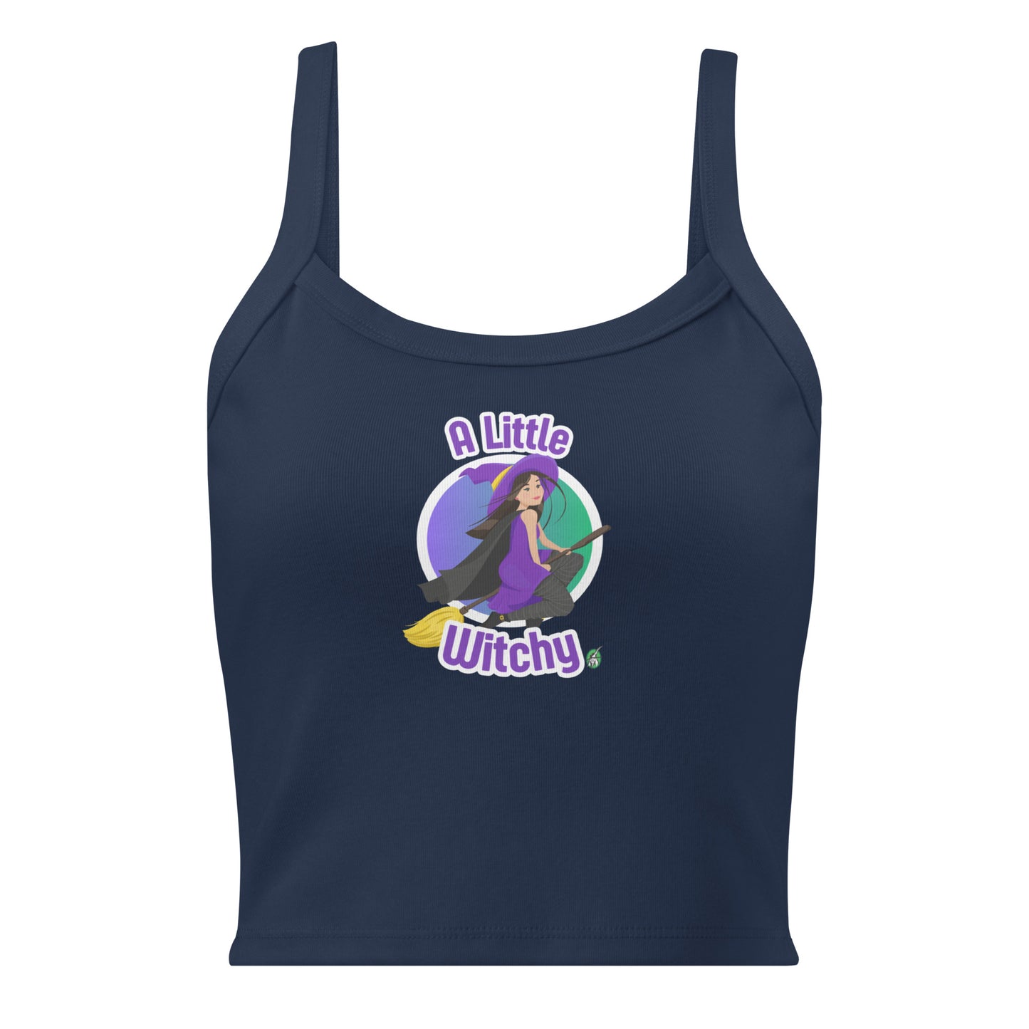 Women's navy tank top by Wizard Prints with a printed graphic of a witch riding a flying broom, with the text A Little Witchy.