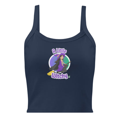 Women's navy tank top by Wizard Prints with a printed graphic of a witch riding a flying broom, with the text A Little Witchy.