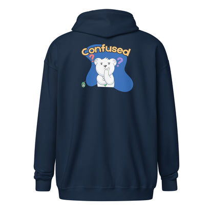 Women's navy zip-through hoodie with a funny confused bear graphic by Wizard Prints