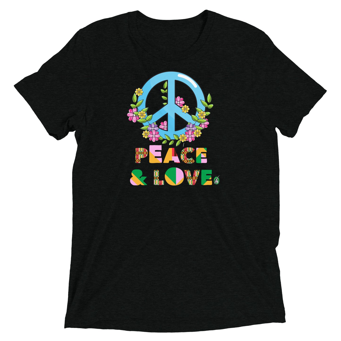 Women's festival graphic t-shirt in black from Wizard Prints Shop with the slogan, Peace & Love and the image of a colourful peace sign