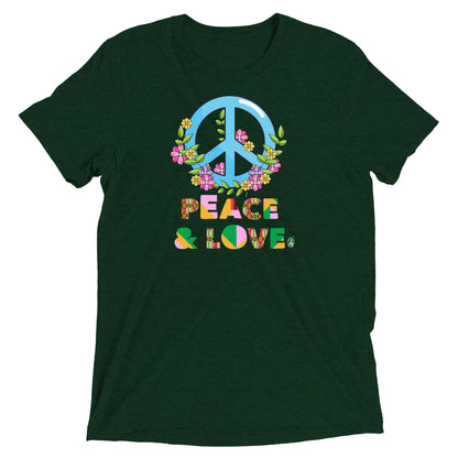 Women's festival graphic t-shirt in green from Wizard Prints Shop with the slogan, Peace & Love and the image of a colourful peace sign