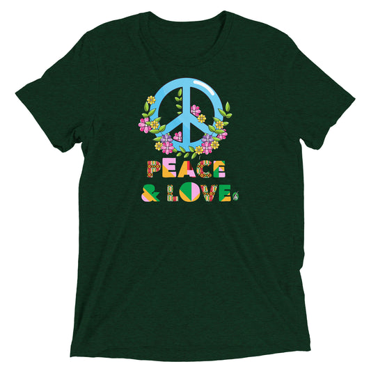 Women's festival graphic t-shirt in green from Wizard Prints Shop with the slogan, Peace & Love and the image of a colourful peace sign