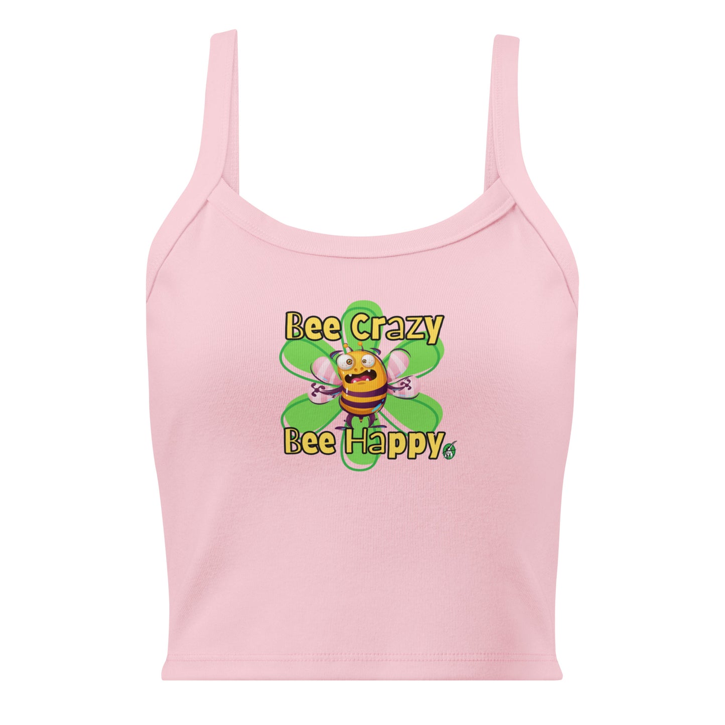 Women's pink tank top by Wizard Prints with a printed graphic of a screaming bee with the words, Bee Crazy Bee Happy.