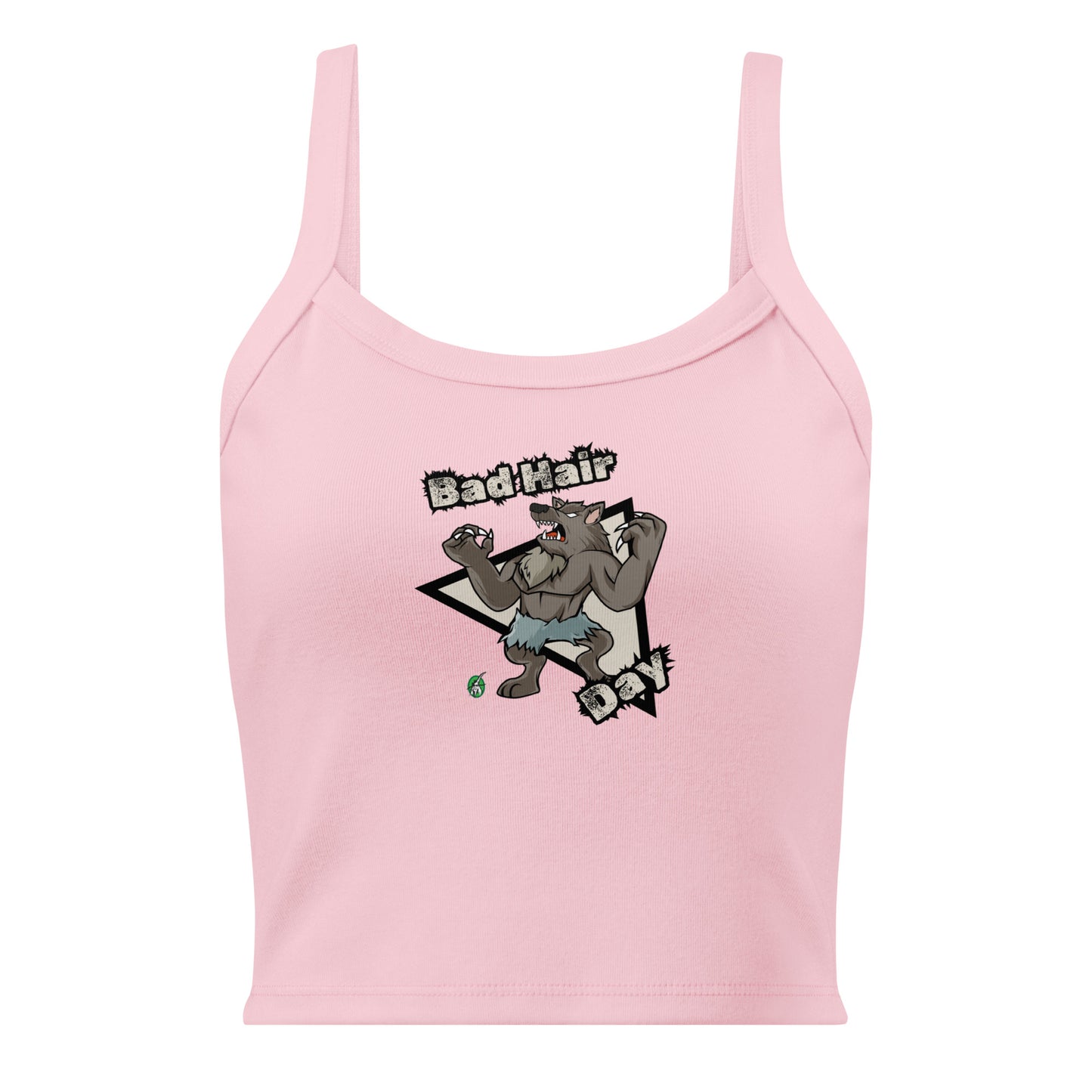 Women's pink tank top by Wizard Prints with a printed graphic of a werewolf with the words, Bad Hair Day.