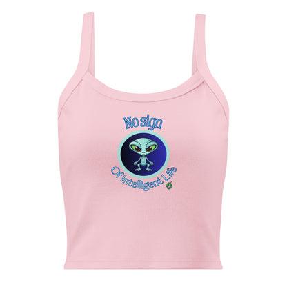 Women's pink tank top by Wizard Prints with a printed graphic of a blue alien and the words No Sign of Intelligent Life.
