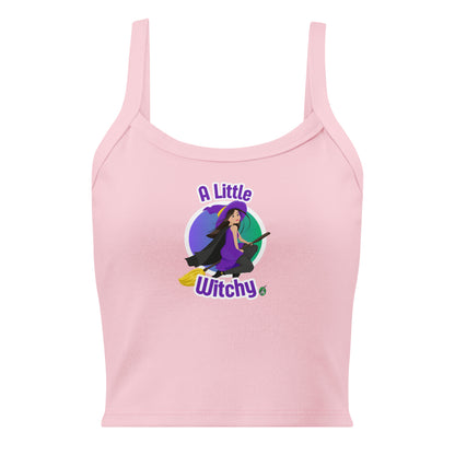 Women's pink tank top by Wizard Prints with a printed graphic of a witch riding a flying broom, with the text A Little Witchy.