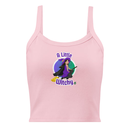 Women's pink tank top by Wizard Prints with a printed graphic of a witch riding a flying broom, with the text A Little Witchy.