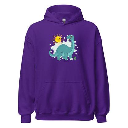 Women's purple hoodie with a printed graphic of a smiling cartoon dinosaur and the sun. Designed by Wizard Prints.