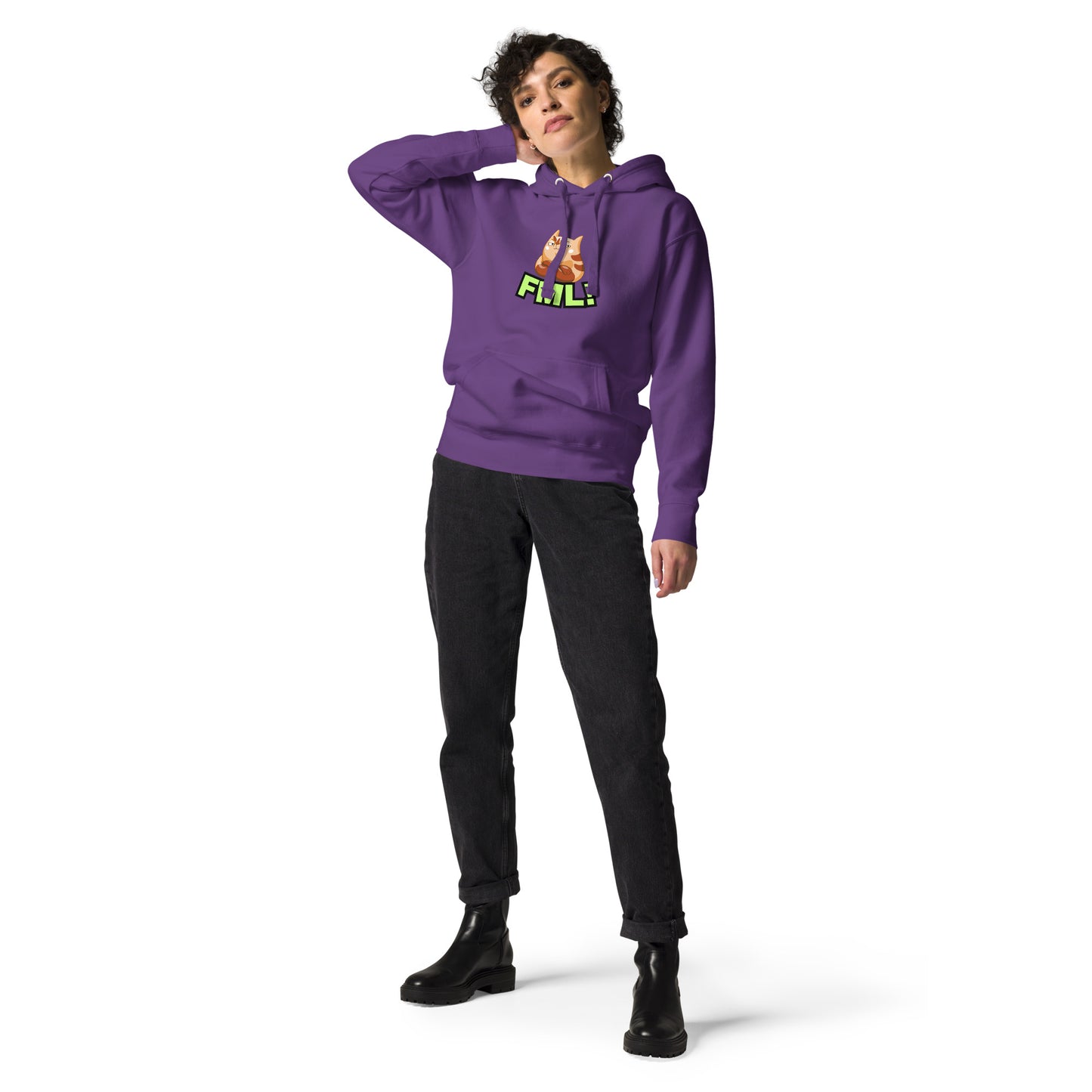 A woman standing wearing a purple hoodie with a printed graphic of a cat with the words, 'FML!'. Designed by Wizard Prints