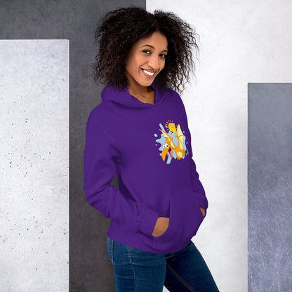 A woman standing wearing a purple hoodie with a printed graphic of a smiling cartoon dinosaur and the sun. Designed by Wizard Prints.