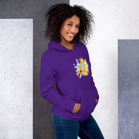A woman standing wearing a purple hoodie with a printed graphic of a smiling cartoon dinosaur and the sun. Designed by Wizard Prints.