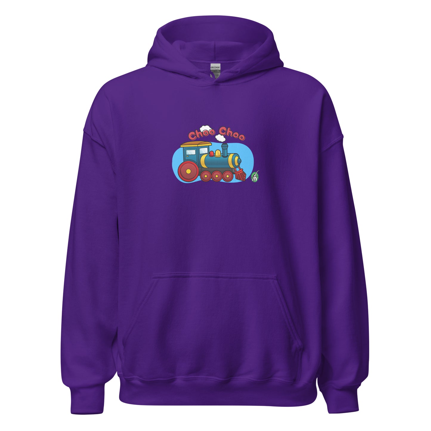 Women's purple hoodie with a printed graphic of a cartoon train and the words 'Choo Choo'. Designed by Wizard Prints