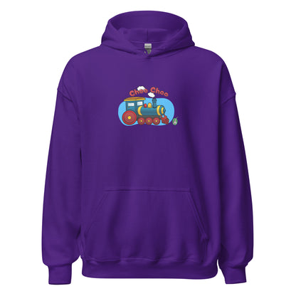 Women's purple hoodie with a printed graphic of a cartoon train and the words 'Choo Choo'. Designed by Wizard Prints