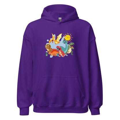 Women's purple hoodie with a printed graphic of different colorful dinosaur types and the sun. Designed by Wizard Prints.