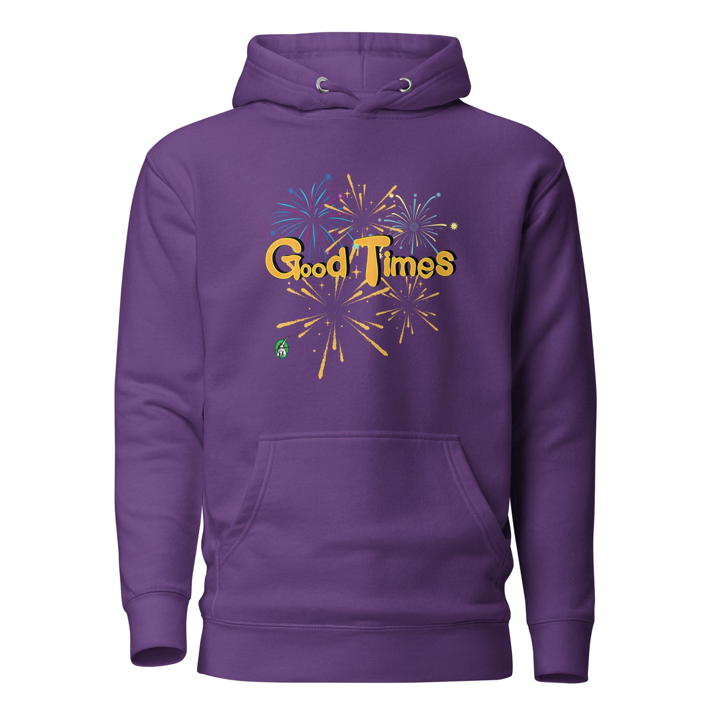 Women's purple hoodie with a printed graphic of fireworks with the words, Good Times. Designed by Wizard Prints.