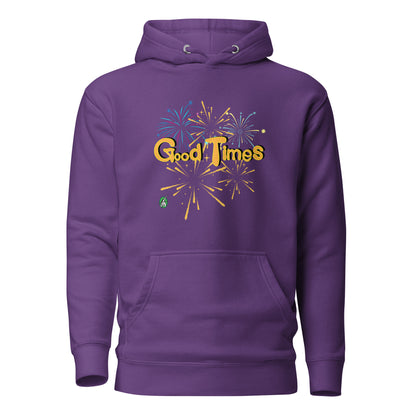 Women's purple hoodie with a printed graphic of fireworks with the words, Good Times. Designed by Wizard Prints.