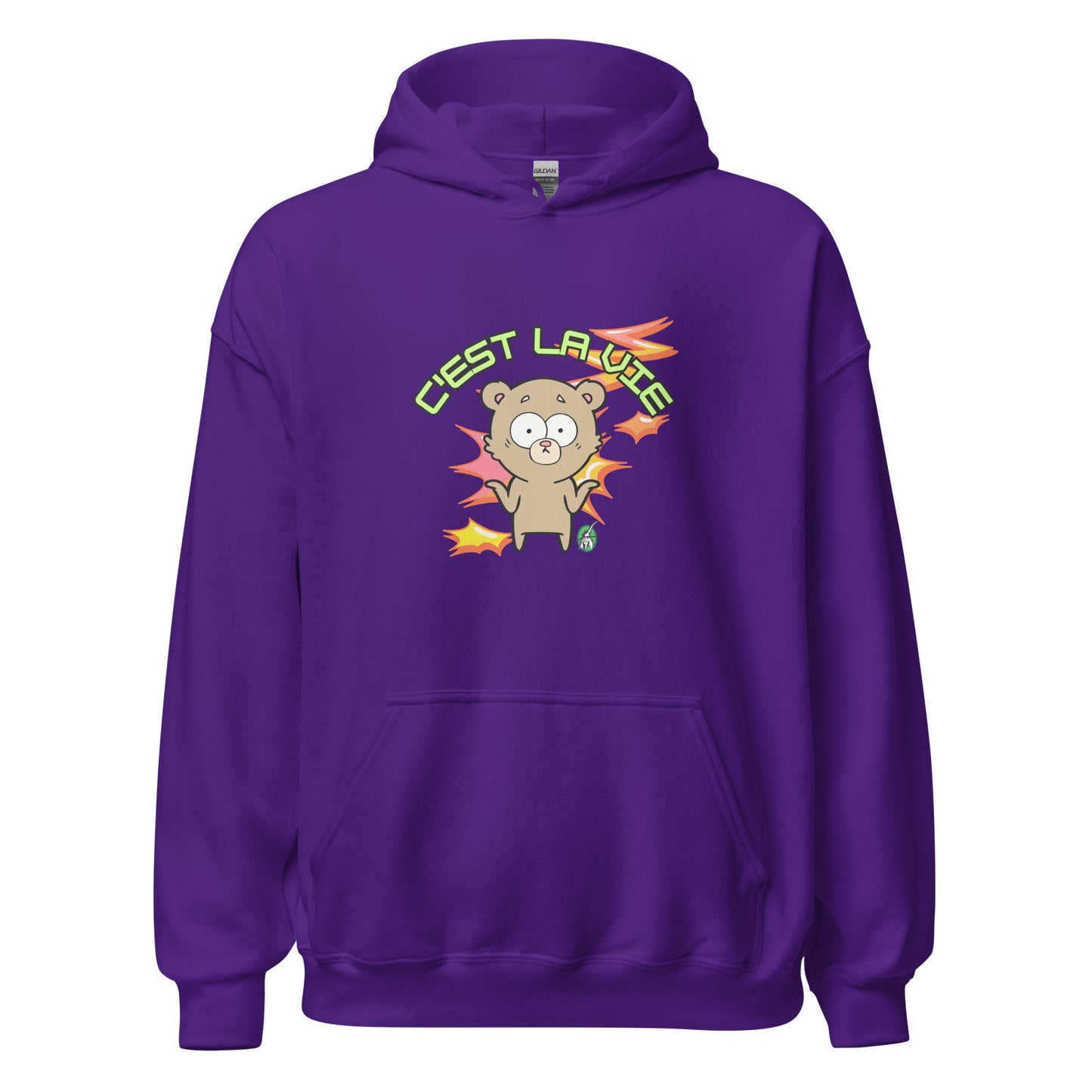Women's purple hoodie by Wizard Prints featuring a printed graphic of a shrugging cartoon bear and the words, C'est La Vie.