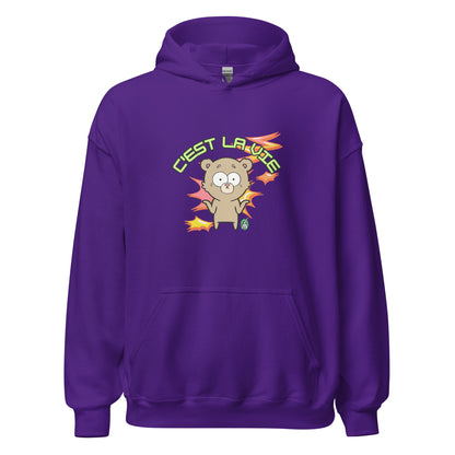 Women's purple hoodie by Wizard Prints featuring a printed graphic of a shrugging cartoon bear and the words, C'est La Vie.