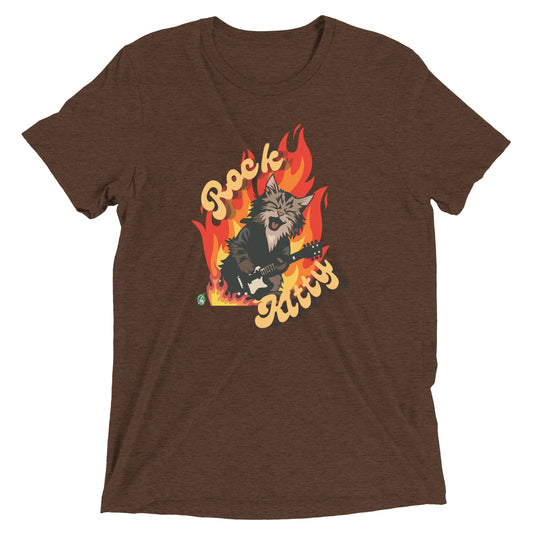 Women's festival graphic t-shirt in brown from Wizard Prints Shop with the slogan, Rock Kitty and image of a kitten playing guitar