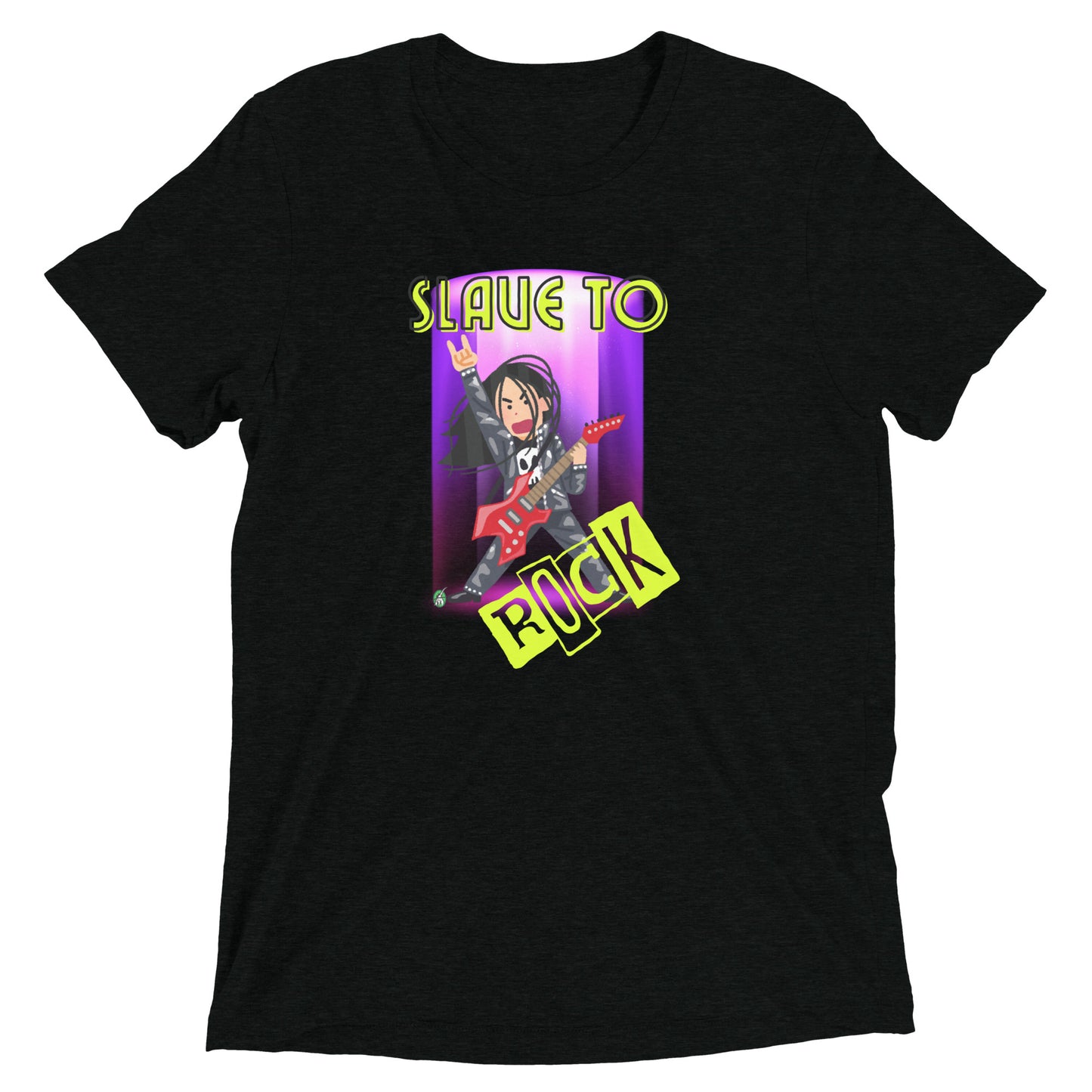 Women's festival graphic t-shirt in black from Wizard Prints Shop with the slogan, Slave to Rock and the image of person playing electric guitar
