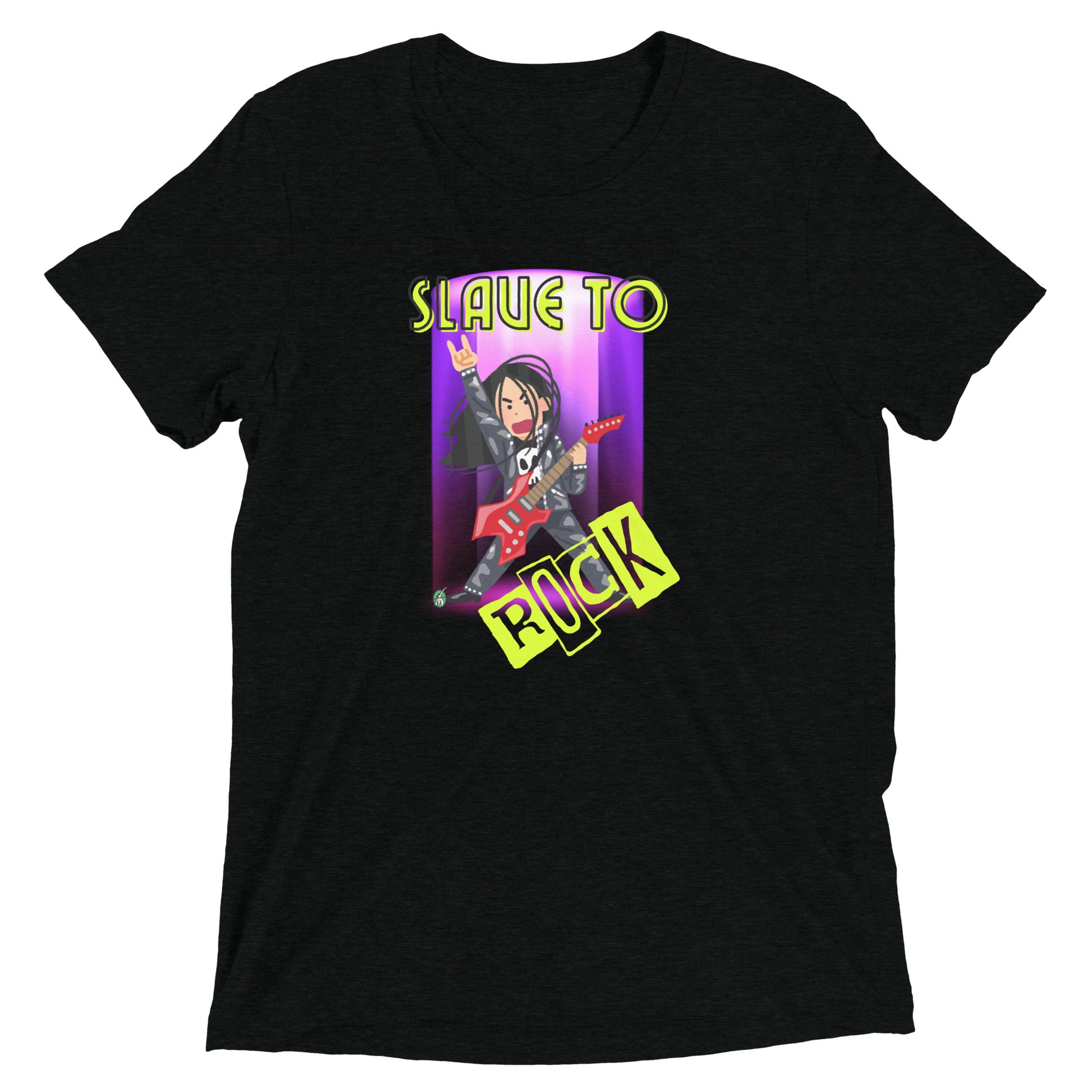 Women's festival graphic t-shirt in black from Wizard Prints Shop with the slogan, Slave to Rock and the image of person playing electric guitar