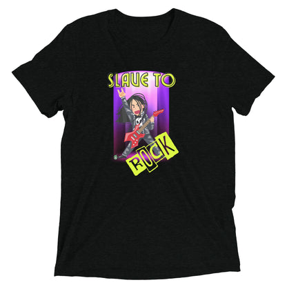 Women's festival graphic t-shirt in black from Wizard Prints Shop with the slogan, Slave to Rock and the image of person playing electric guitar