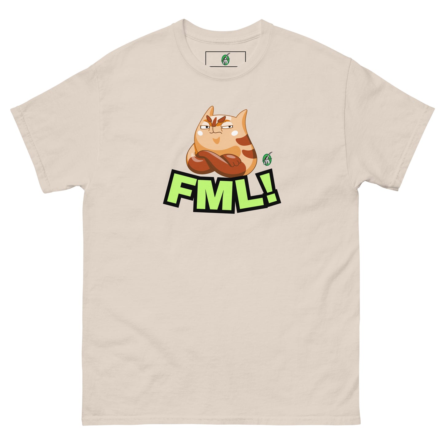 Women's beige t-shirt with a printed graphic of a cat with the words, 'FML!'. Designed by Wizard Prints.