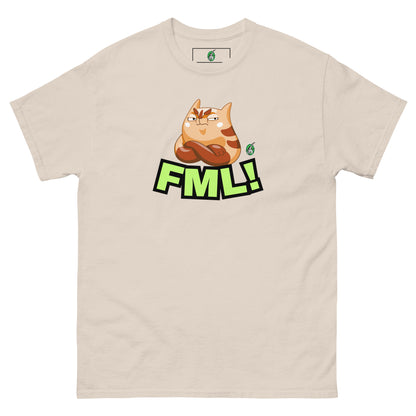 Women's beige t-shirt with a printed graphic of a cat with the words, 'FML!'. Designed by Wizard Prints.