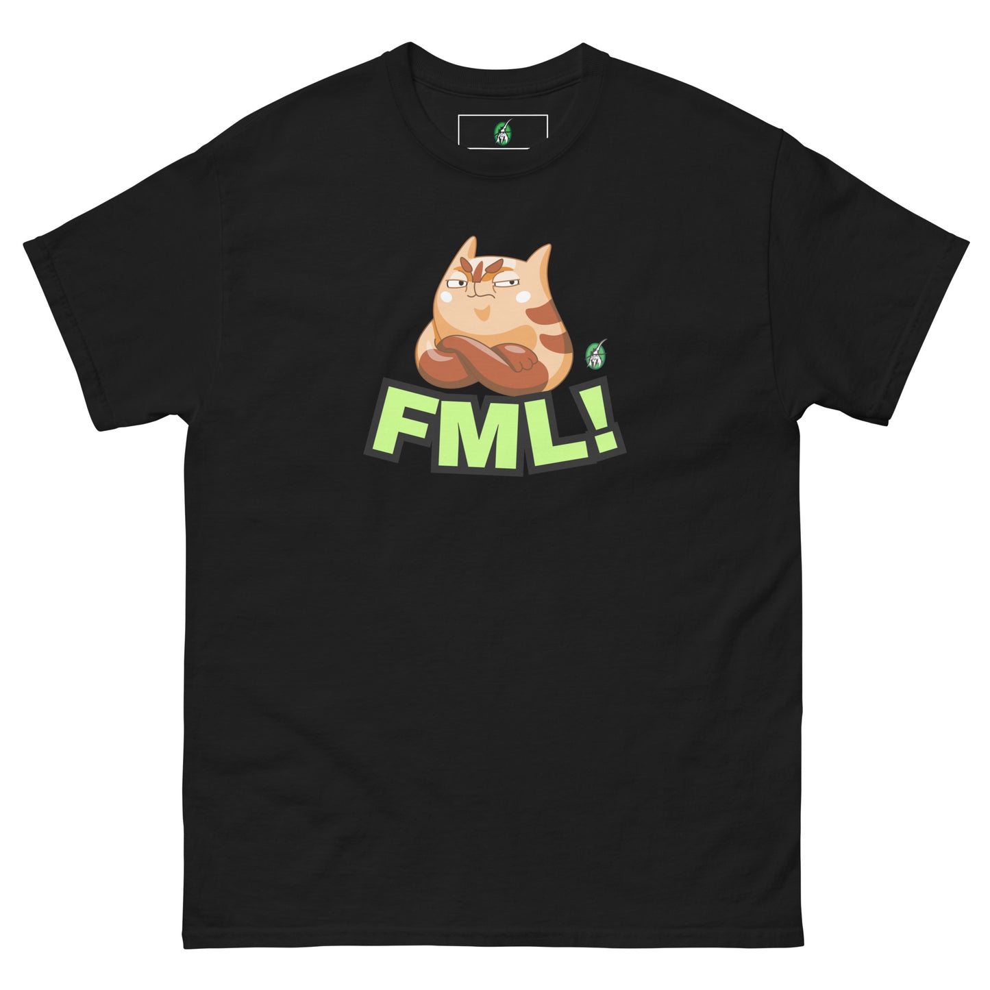 Women's black t-shirt with a printed graphic of a cat with the words, 'FML!'. Designed by Wizard Prints.