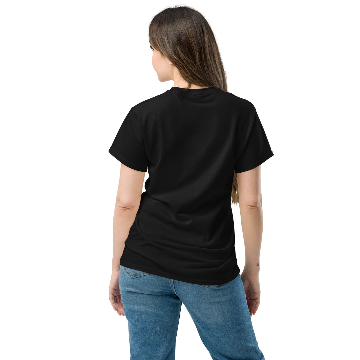 Back view of a women's black t-shirt by Wizard Prints Shop